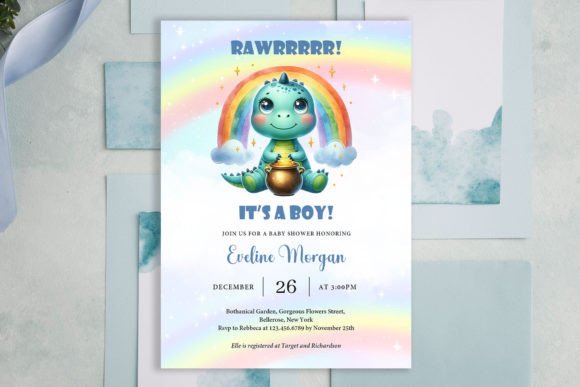 Baby Dino with Rainbow Baby Shower Invit Print Templates