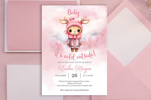 Pink Reindeer Winter Baby Shower Invite & Print Templates