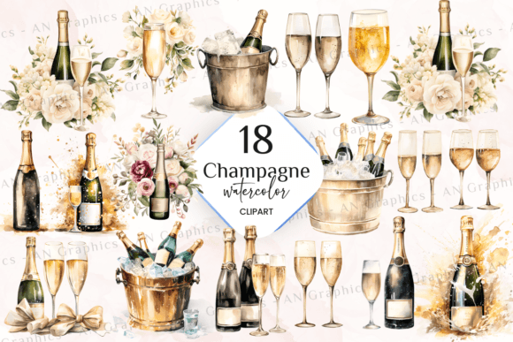 Reviewing 18 Champagne Watercolor Clipart Bundle Print Templates